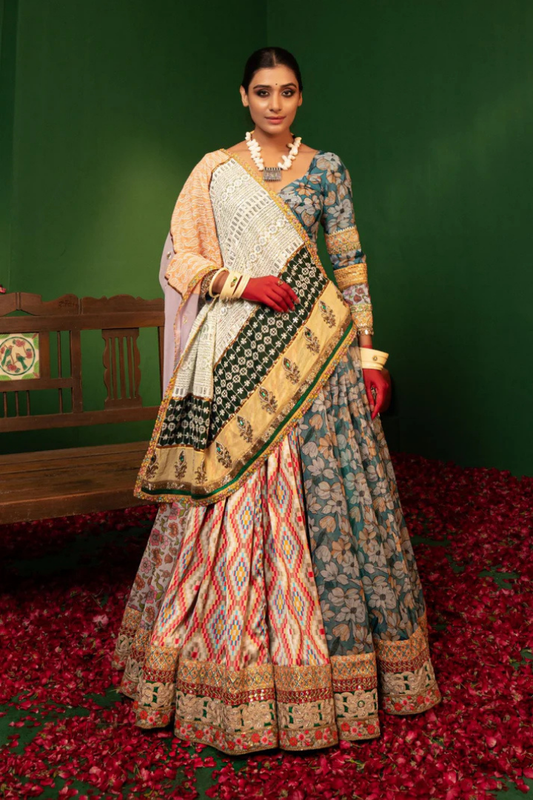 Devi Aaina Printed Lehenga Choli Set in Organza Satin