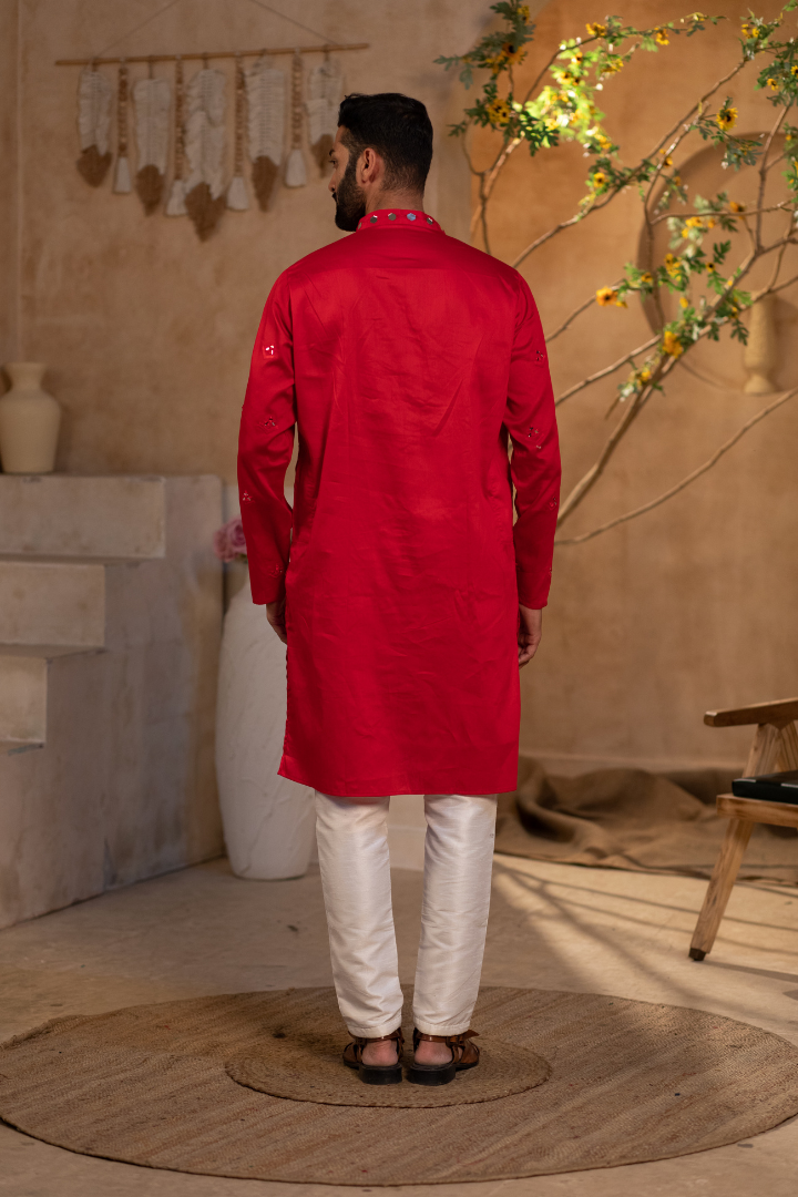 Crimson Red Self-Embroidered Kurta