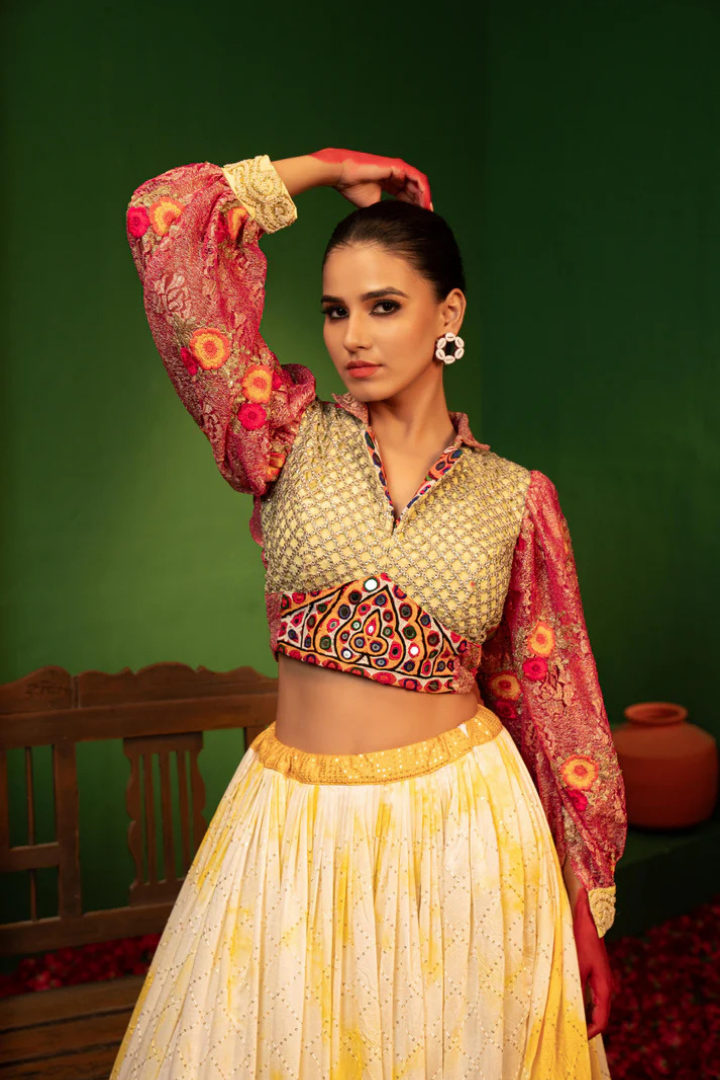 Devi Aloka Yellow Batik Lehenga with Chanderi Silk and Silk Blouse