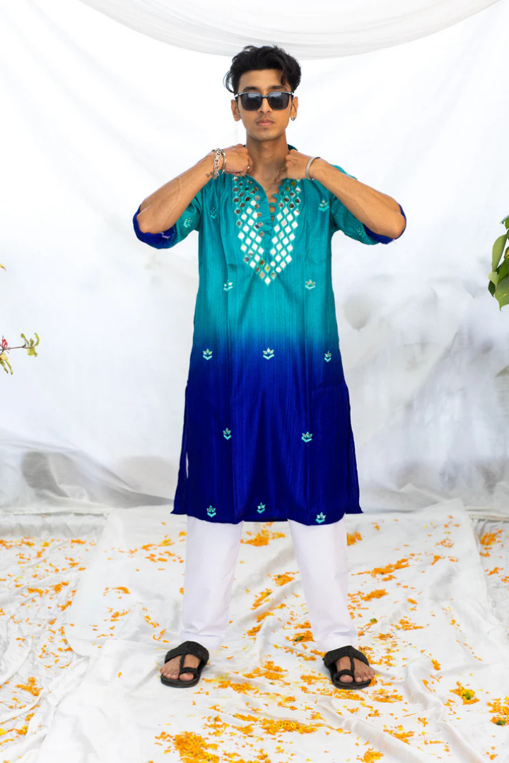 Blue Shaded Kurta with Mirror Neck Detail