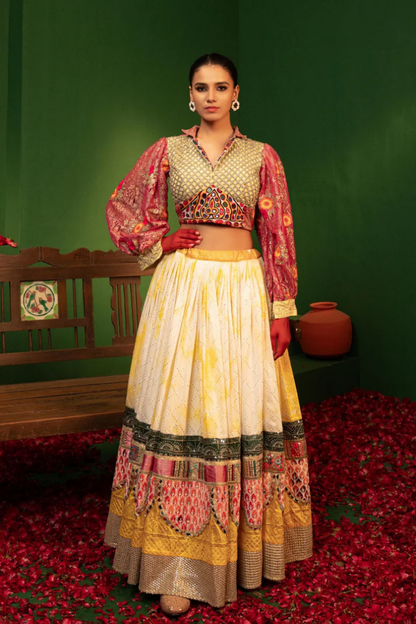 Devi Aloka Yellow Batik Lehenga with Chanderi Silk and Silk Blouse