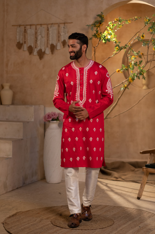 Red Gulal Cotton Silk Kurta