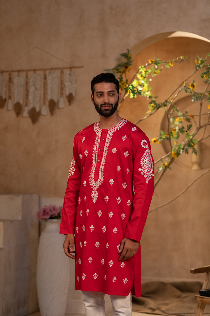 Red Gulal Cotton Silk Kurta