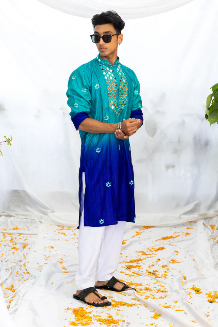 Blue Shaded Kurta with Mirror Neck Detail