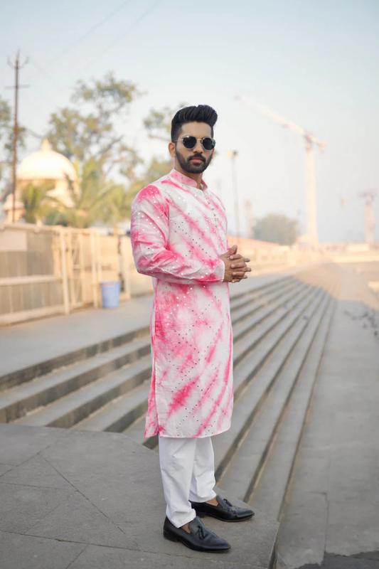 Gulabi Nazaqat Chanderi Silk Kurta with Checks and Mirror Embellishments