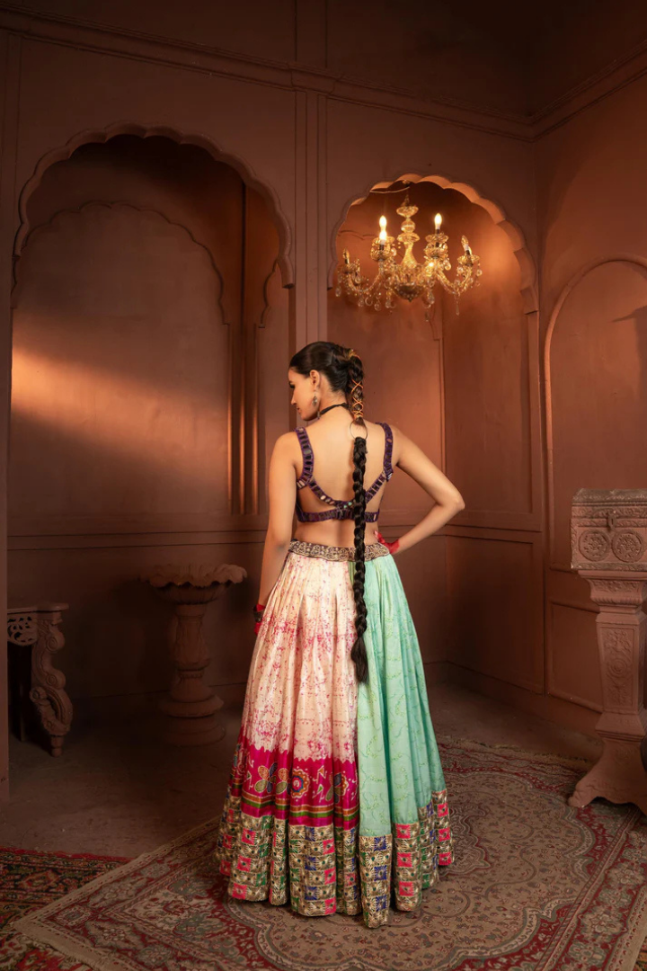 Devi Purple Coneflower Mirror Lehenga in Organza and Silk