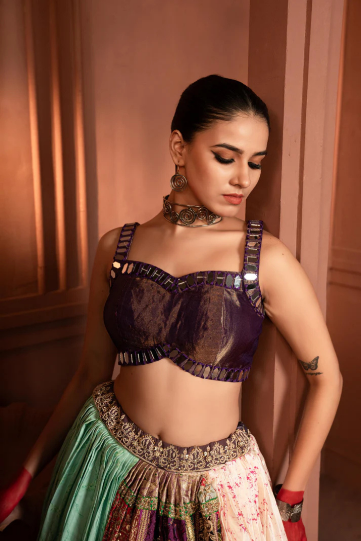 Devi Purple Coneflower Mirror Lehenga in Organza and Silk