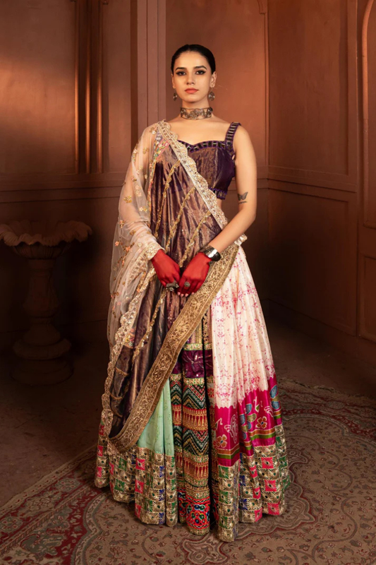 Devi Purple Coneflower Mirror Lehenga in Organza and Silk