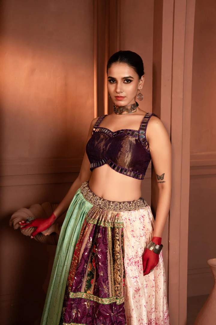 Devi Purple Coneflower Mirror Lehenga in Organza and Silk