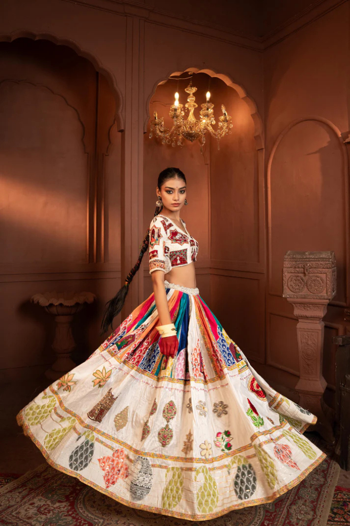 Devi White Emerald Allover Patch Work Silk Lehenga