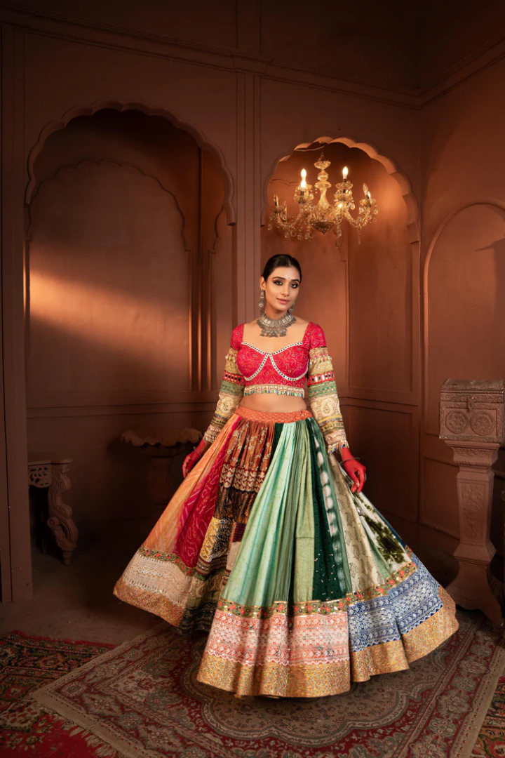 Surajmukhi Ikat Silk and Organza Lehenga