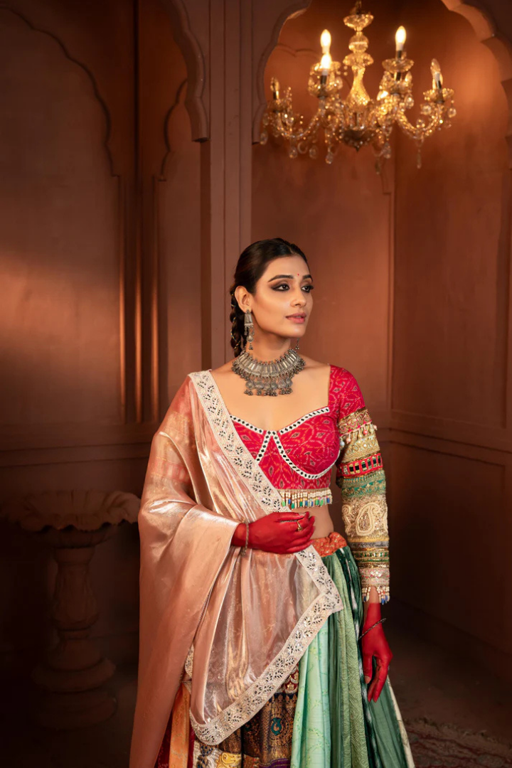 Surajmukhi Ikat Silk and Organza Lehenga