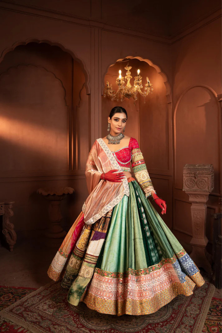 Surajmukhi Ikat Silk and Organza Lehenga