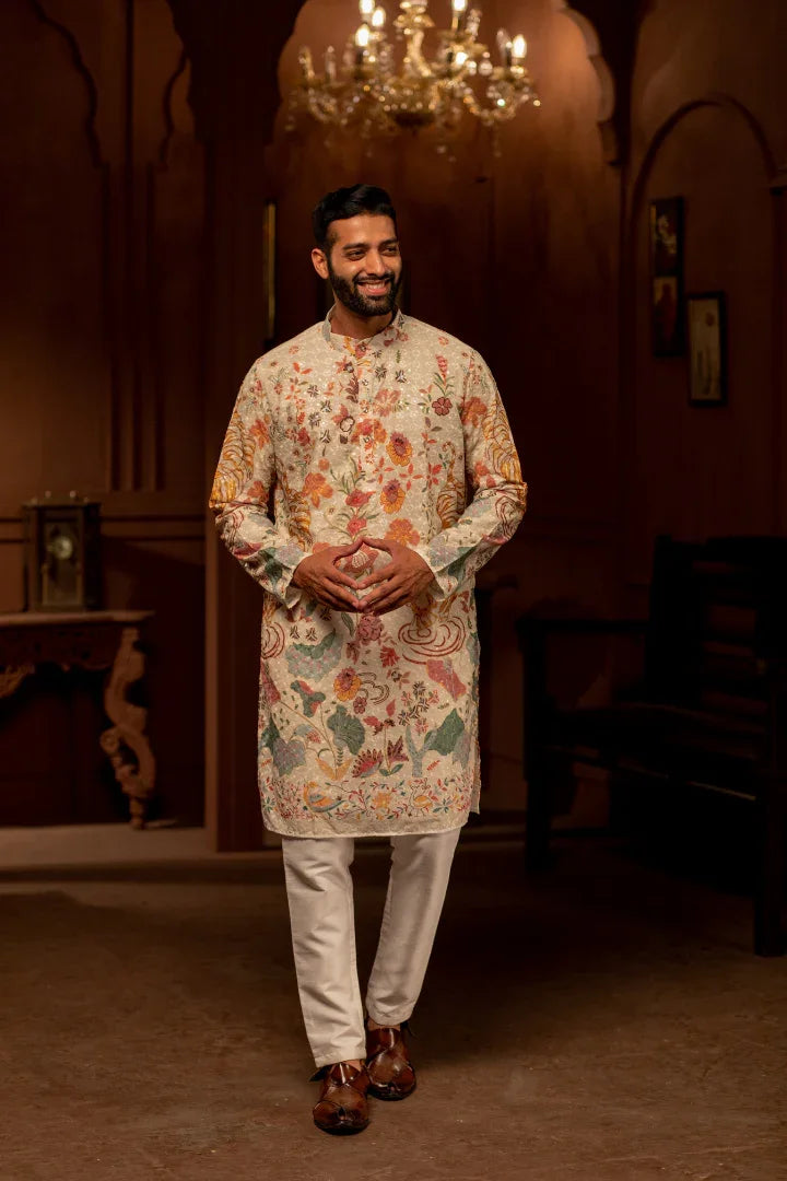 Buy Enchanted White wolf Motif kurta for men