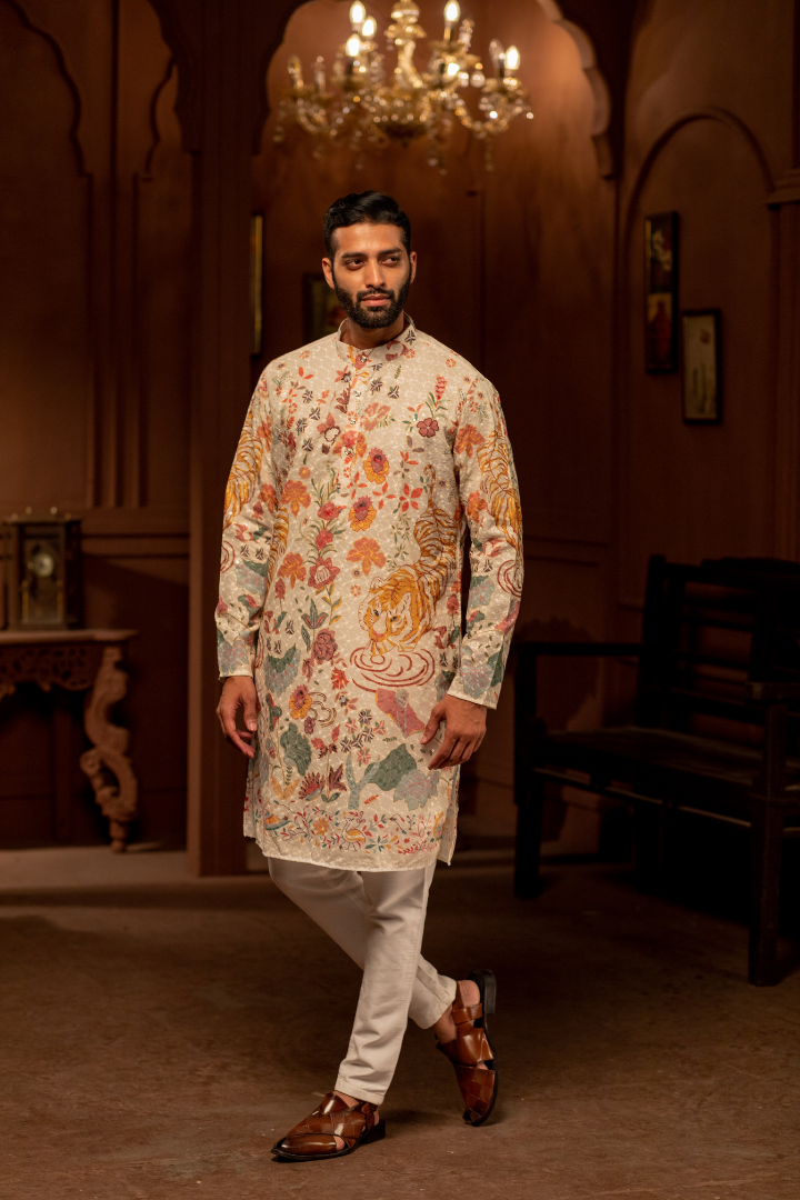 Enchanted White wolf Motif kurta for men