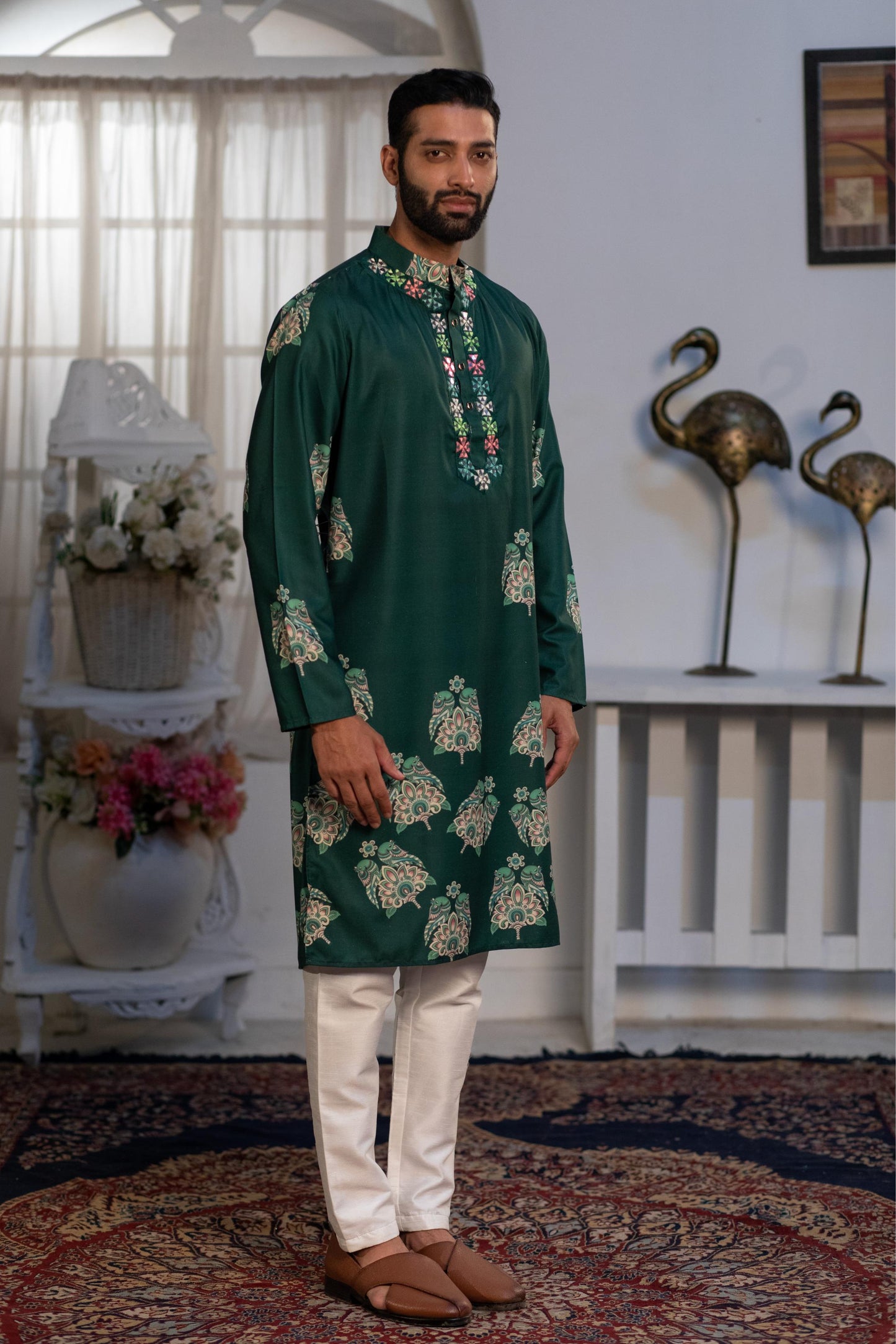 Forest Green Sparrow Digital Kurta