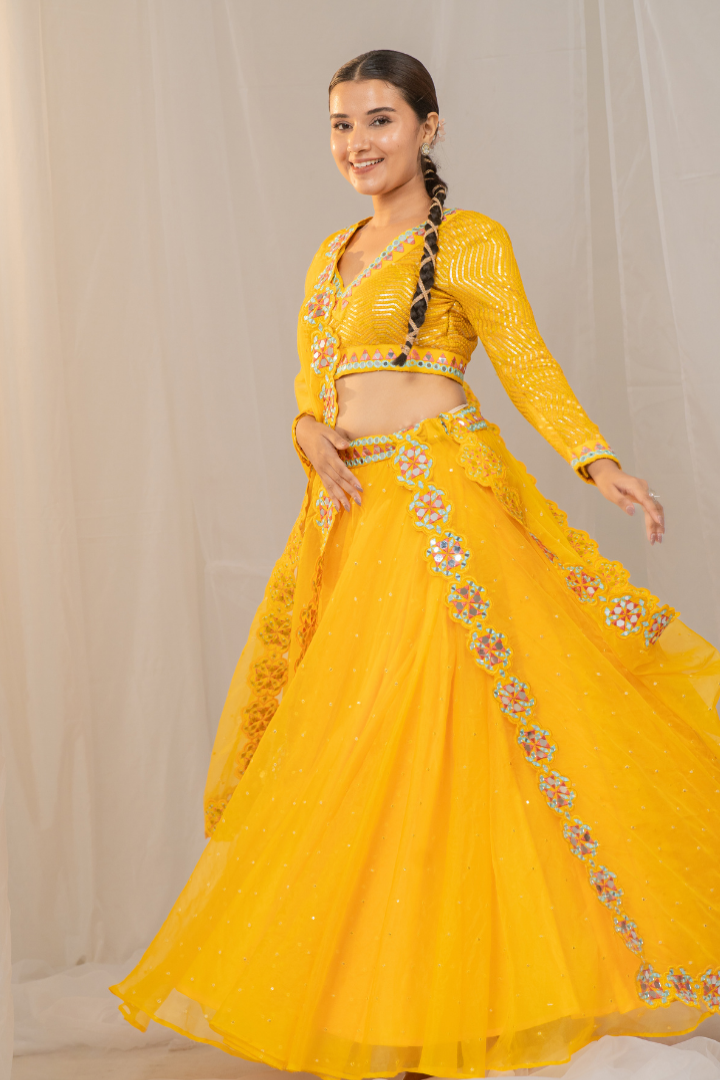 Delightful Organza Lehenga with Mirror Work