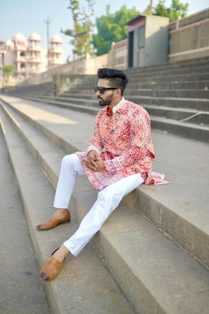 Anar - Orange Batik with White Embroidery Rayon Kurta