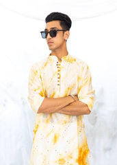 Yellow Mirror Work Checks Tie & Dye Kurta