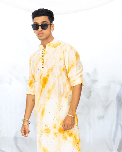 Yellow Mirror Work Checks Tie & Dye Kurta