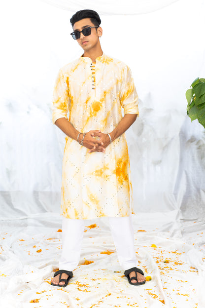 Yellow Mirror Work Checks Tie & Dye Kurta