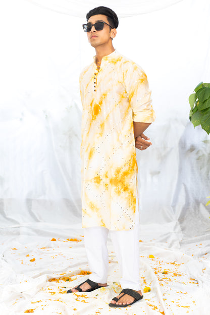 Yellow Mirror Work Checks Tie & Dye Kurta