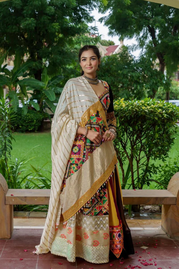 Multi-color Lehenga With Kutchi Blouse With Silk Dupatta