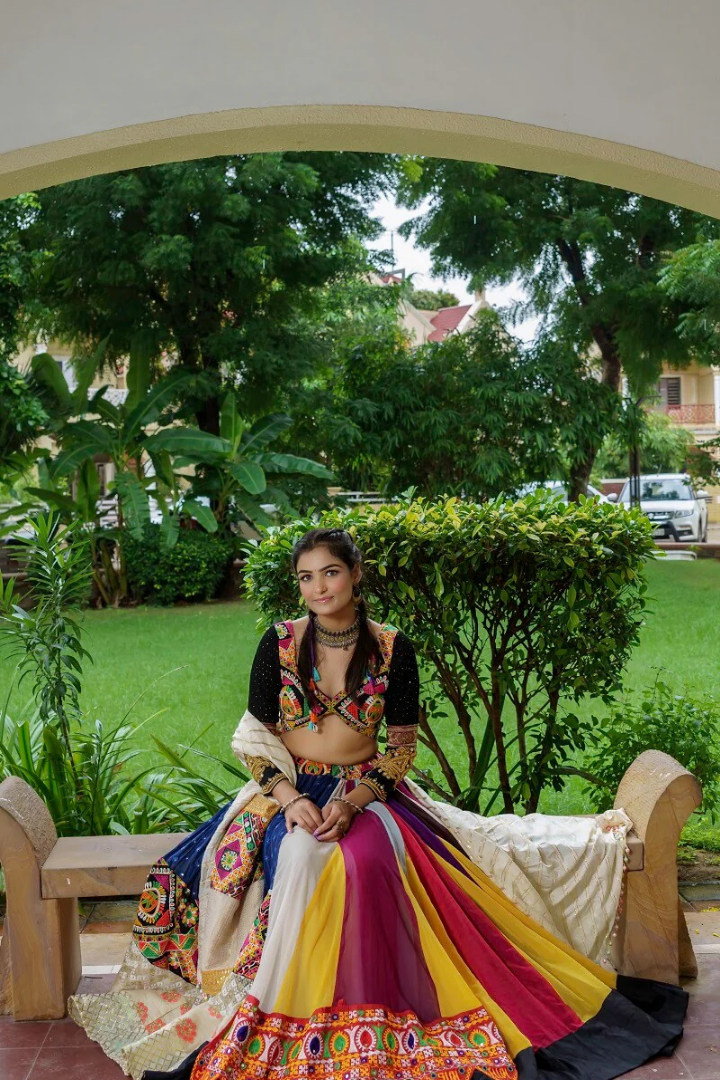 Multi-color Lehenga With Kutchi Blouse With Silk Dupatta