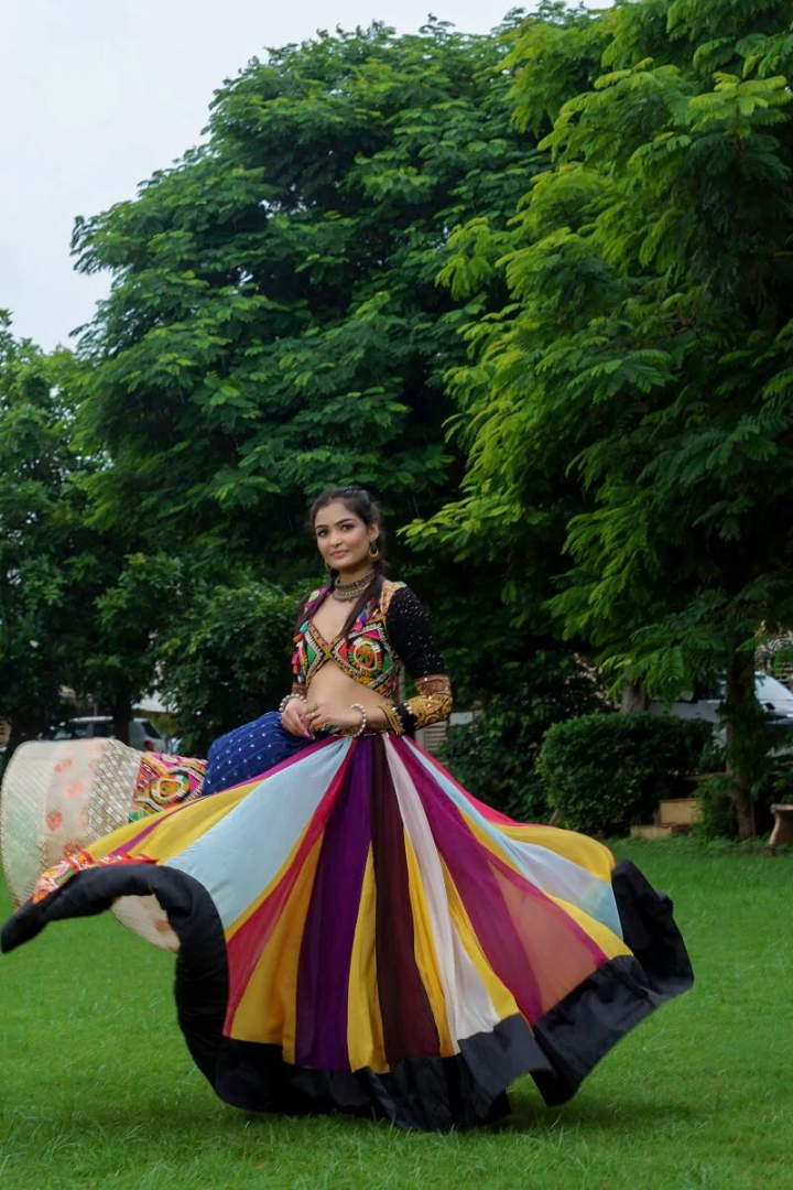 Multi-color Lehenga With Kutchi Blouse With Silk Dupatta