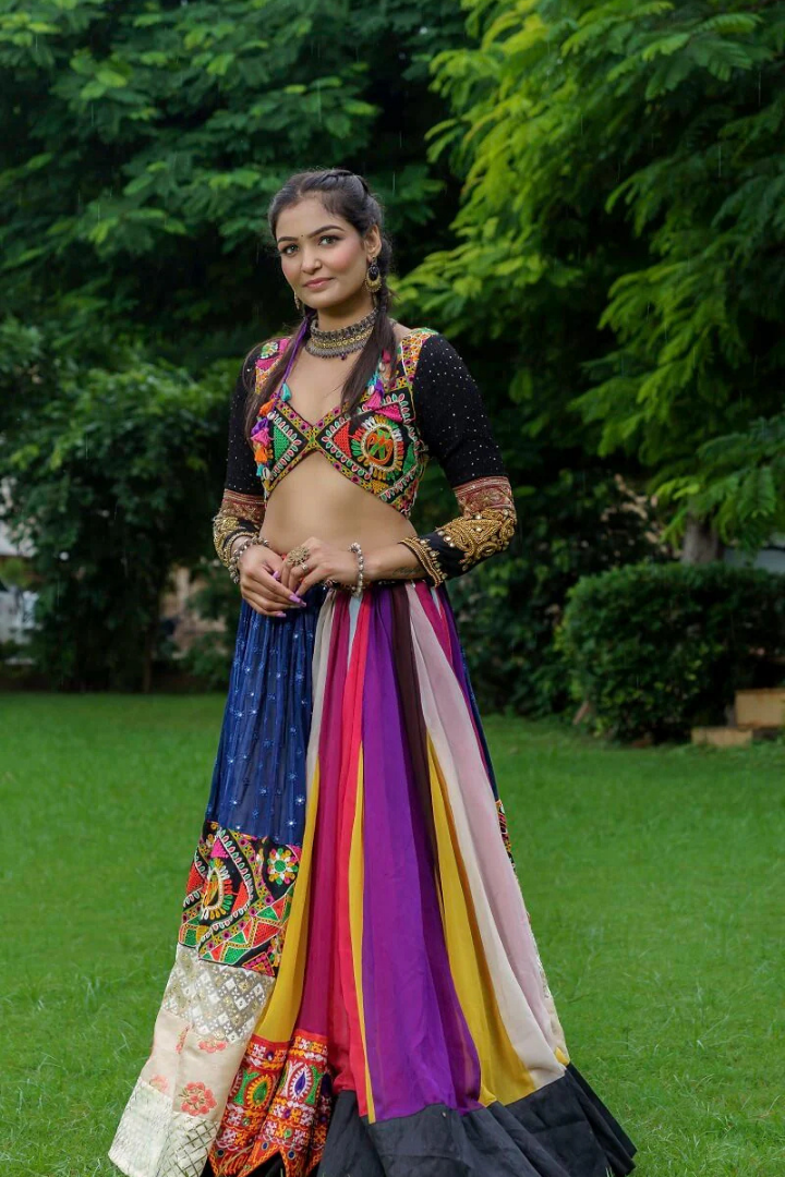 Multi-color Lehenga With Kutchi Blouse With Silk Dupatta