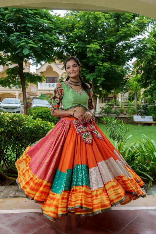 Green Blouse And Multicolour Lehenga With Navy Blue Dupatta