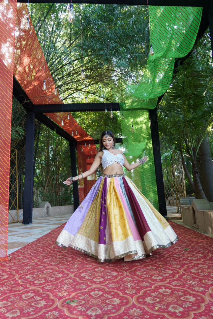 Multi-Colored Raw Silk Lehenga with Intricate Mirror Blouse