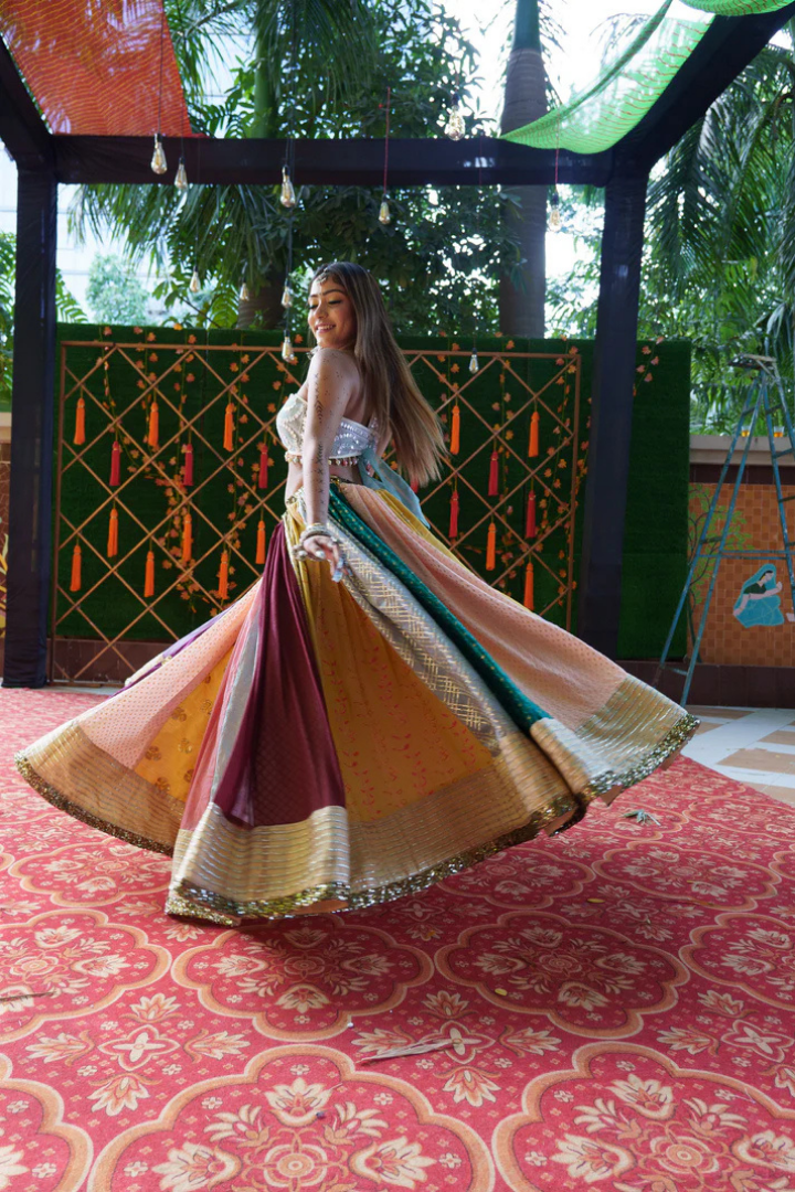 Multi-Colored Raw Silk Lehenga with Intricate Mirror Blouse