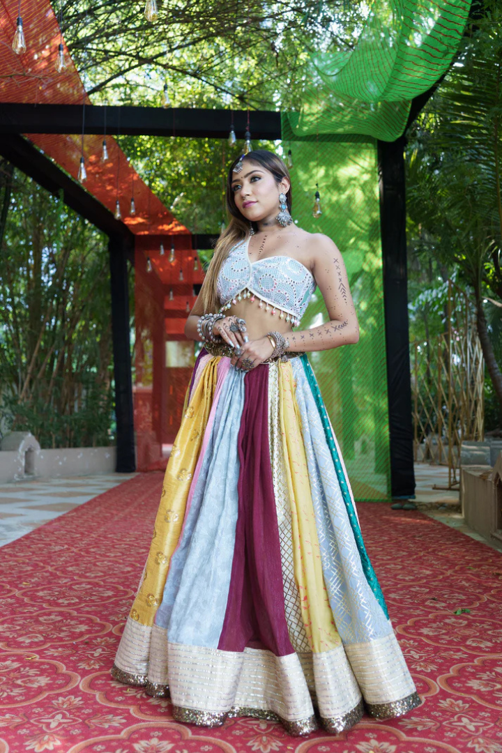 Multi-Colored Raw Silk Lehenga with Intricate Mirror Blouse