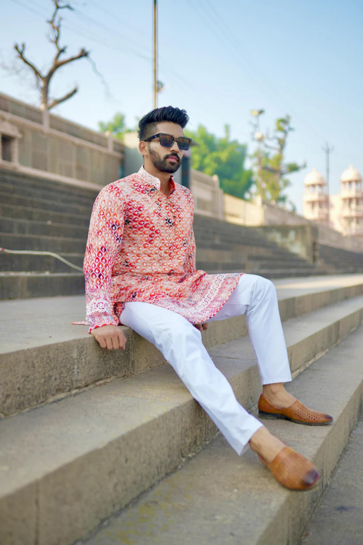 Anar - Orange Batik with White Embroidery Rayon Kurta