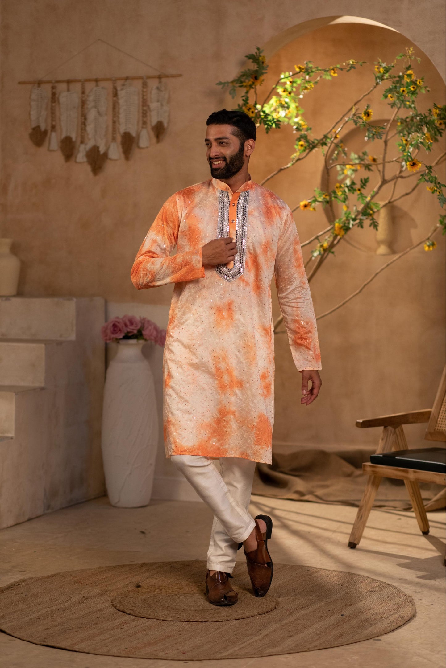 Dior Orange Border Kurta