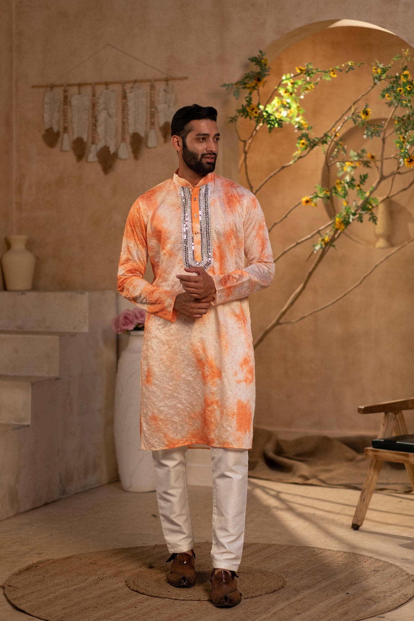 Dior Orange Border Kurta