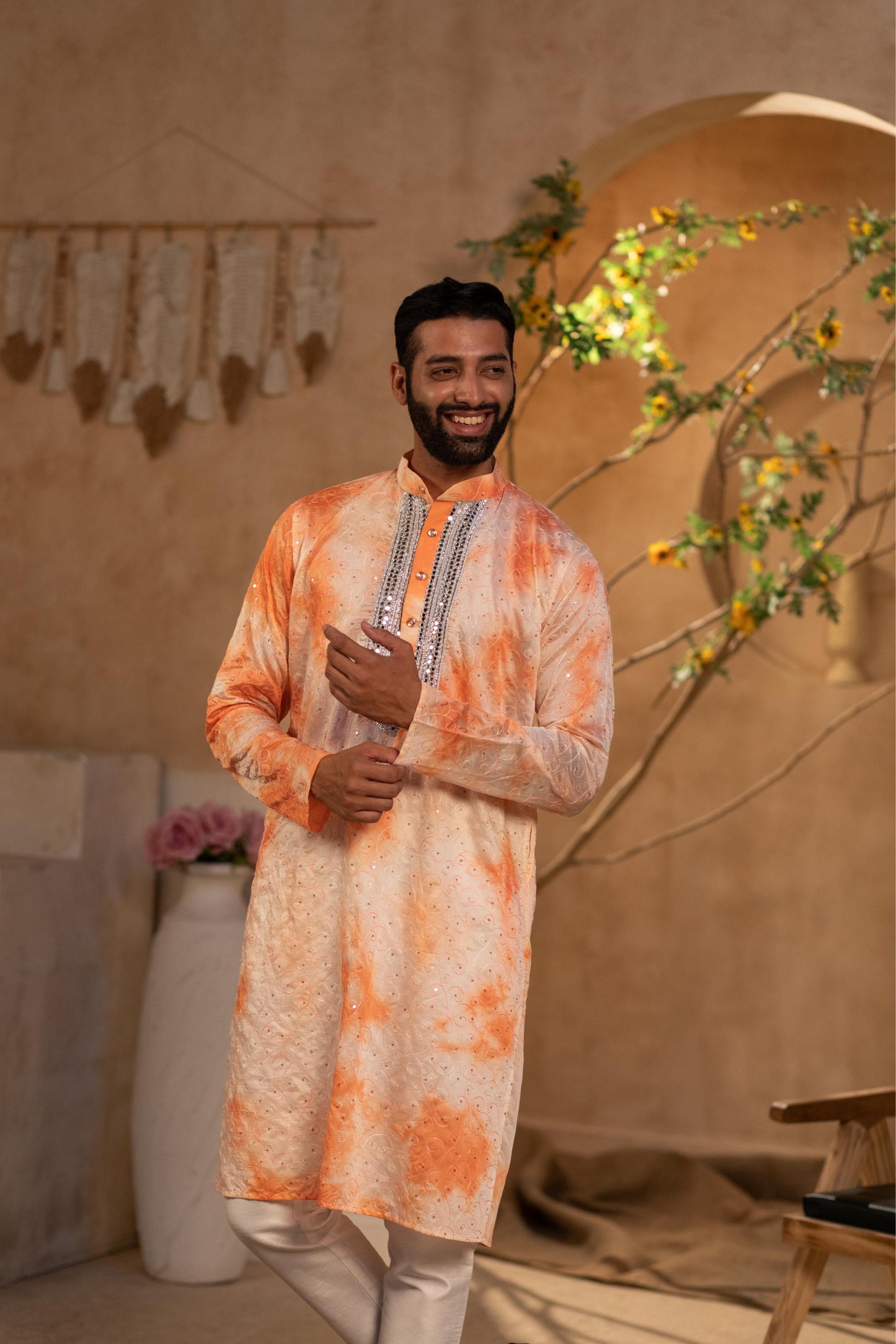 Dior Orange Border Kurta