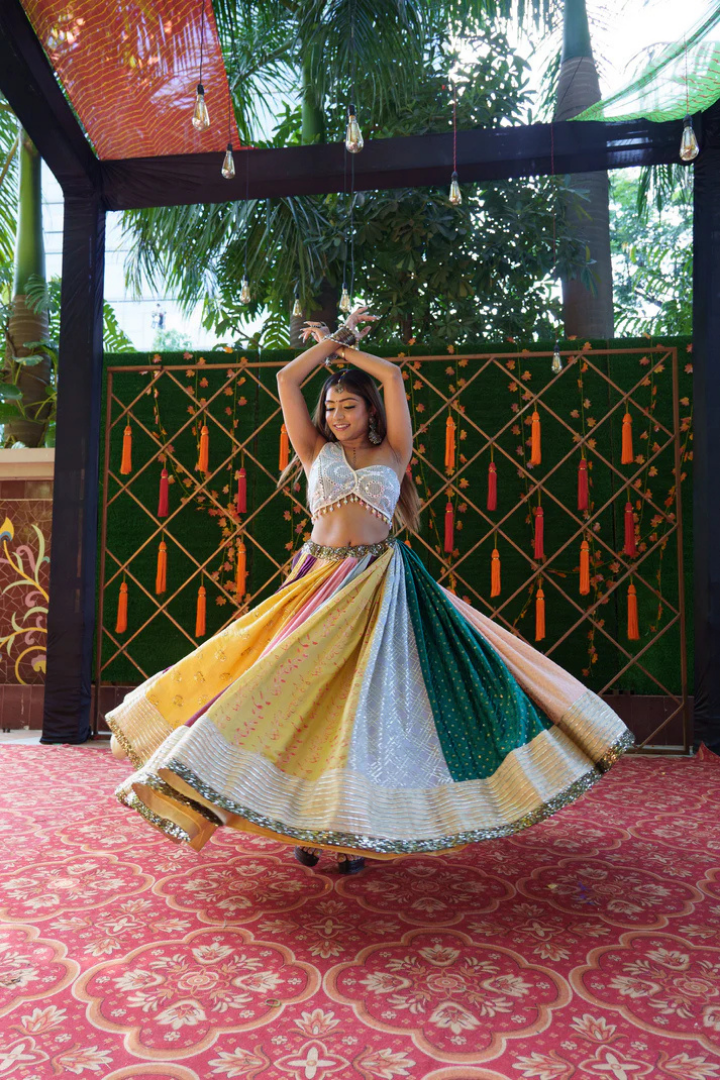 Multi-Colored Raw Silk Lehenga with Intricate Mirror Blouse