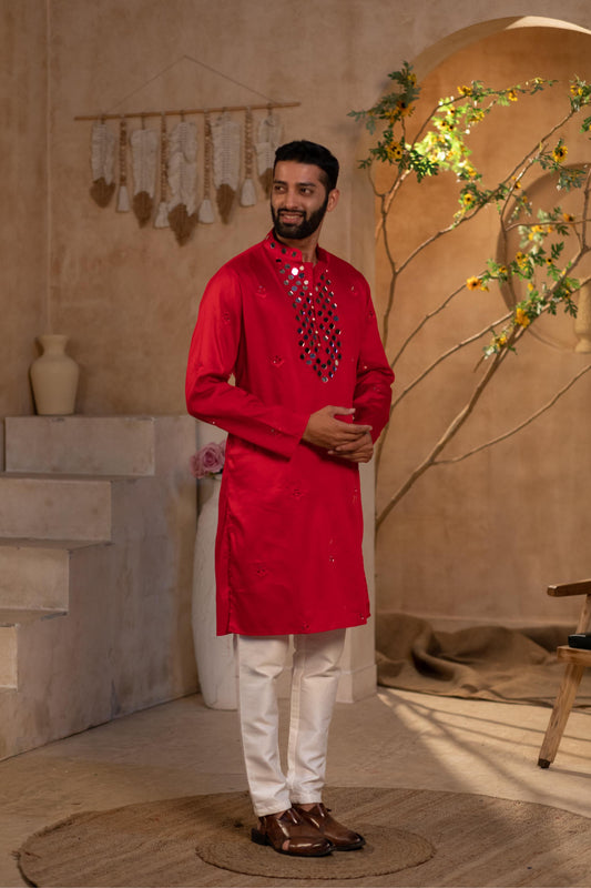 Crimson Red Self-Embroidered Kurta