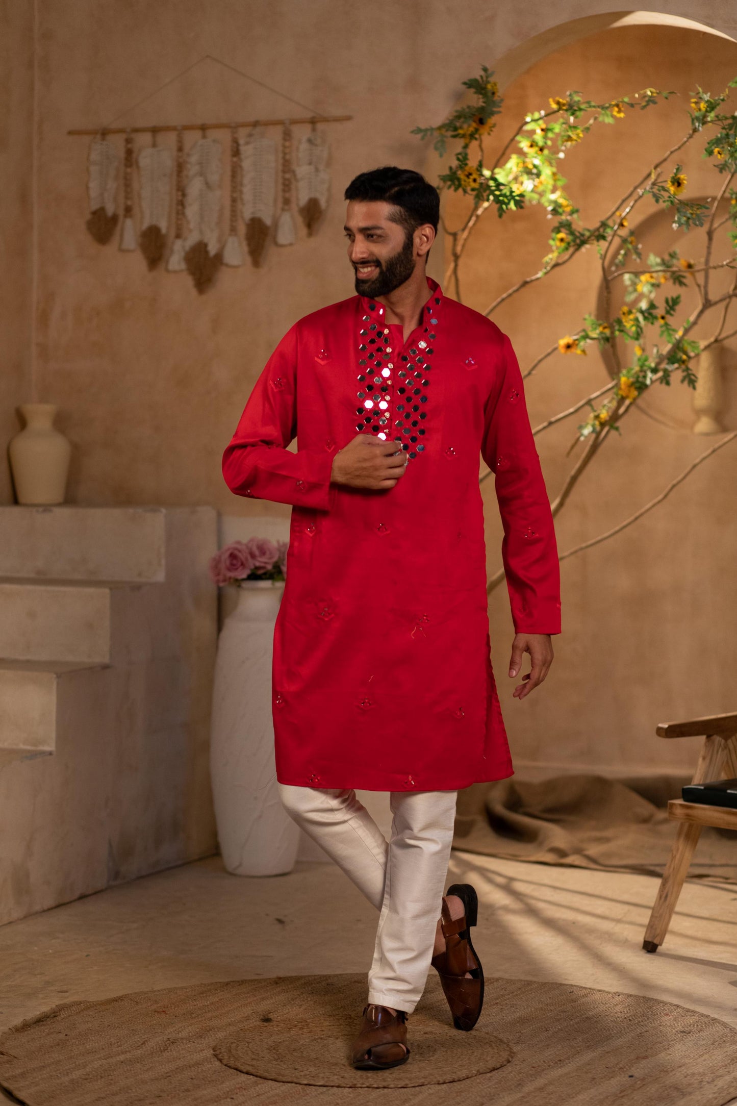 Crimson Red Self-Embroidered Kurta