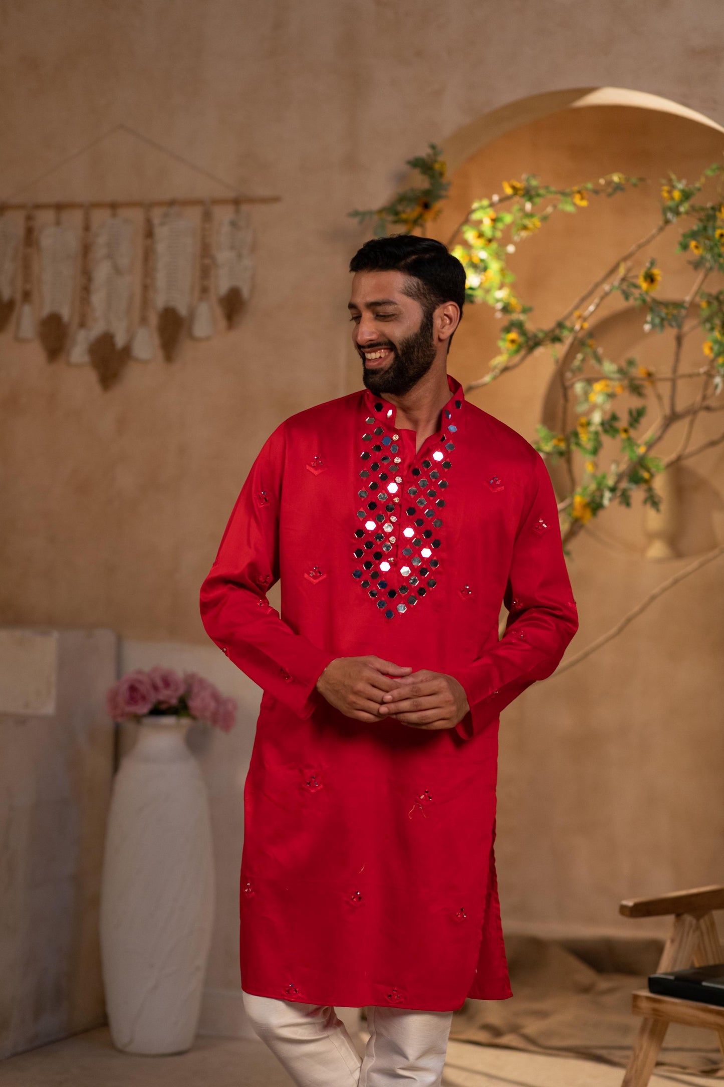 Crimson Red Self-Embroidered Kurta