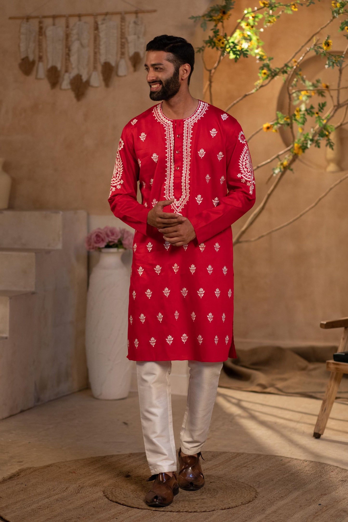 Red Gulal Cotton Silk Kurta