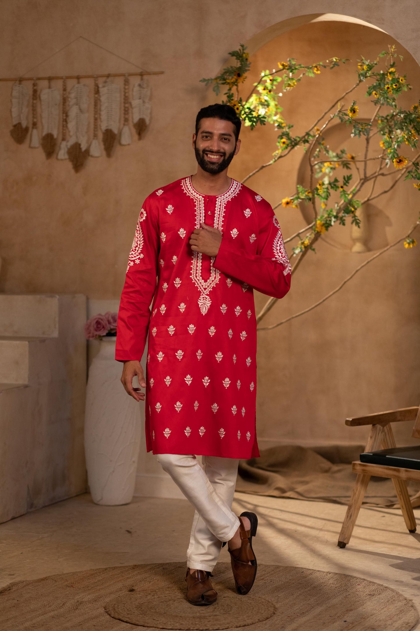 Red Gulal Cotton Silk Kurta