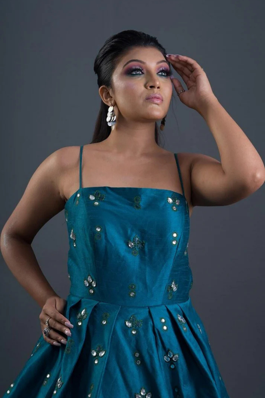 Buy Turquoise Green Silk And Net Gown