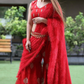 Red Silk Blouse & Net Worked Sharara With Feather Dupatta