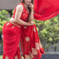 Red Silk Blouse & Net Worked Sharara With Feather Dupatta