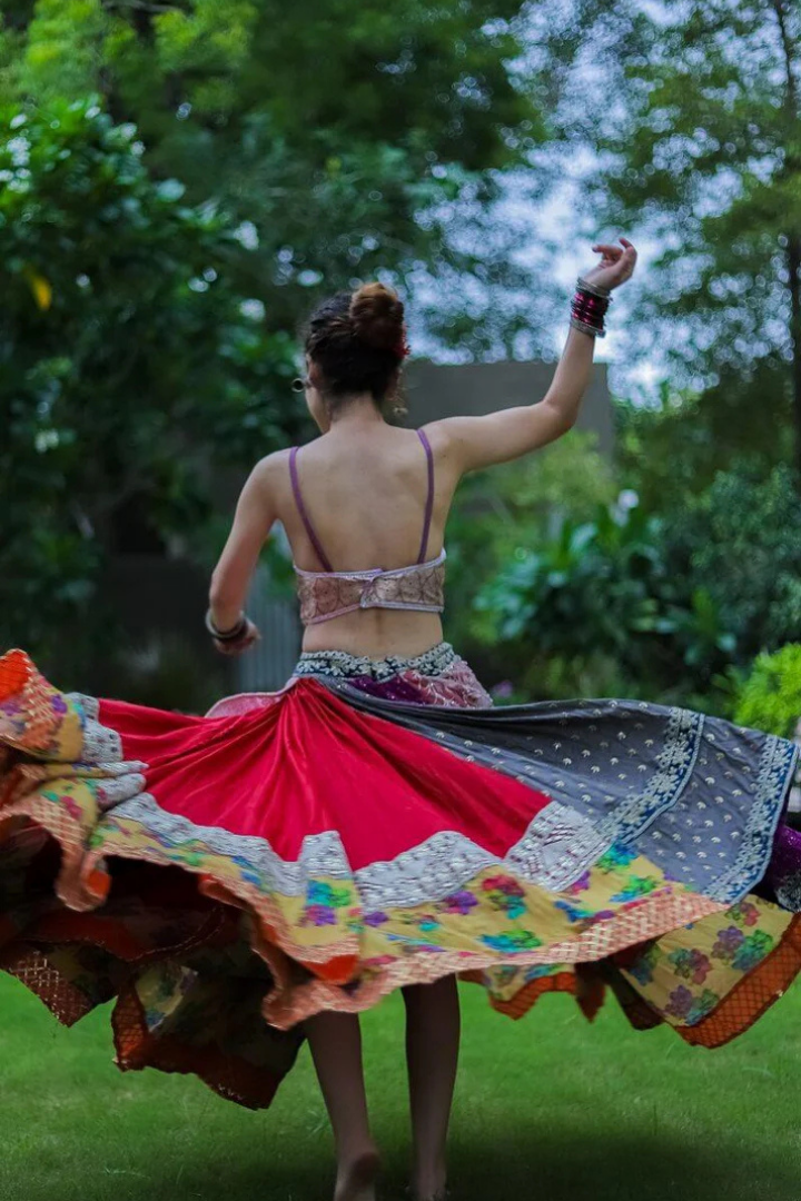 Red Lehenga With Pink blouse & Purple Silk Dupatta