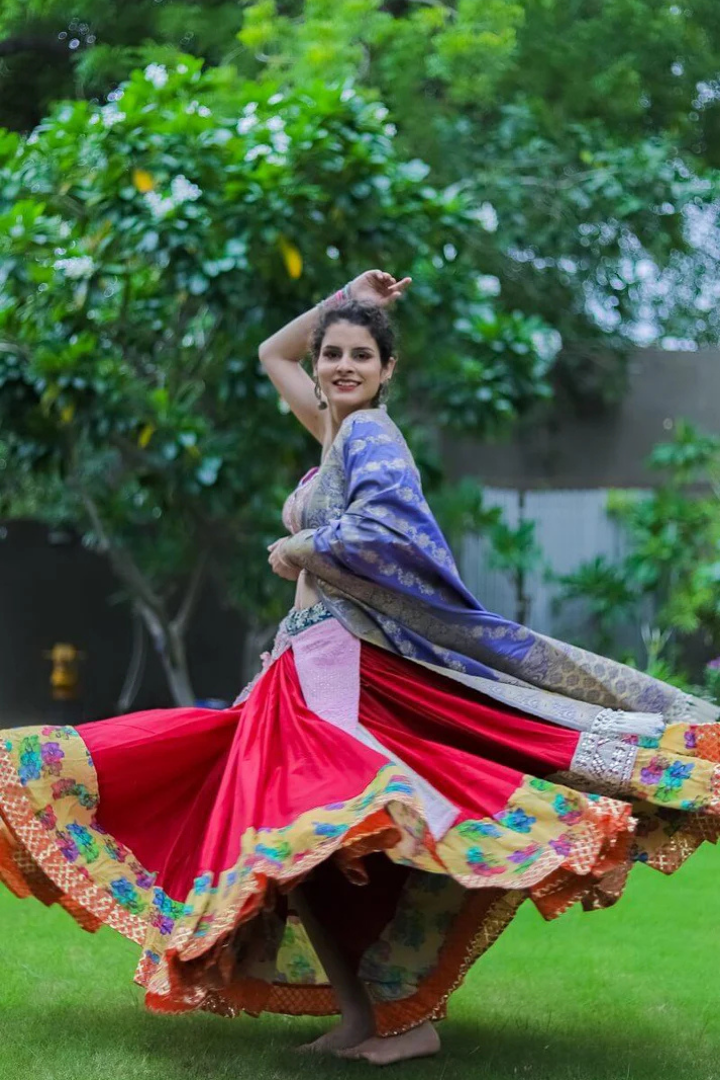 Red Lehenga With Pink blouse & Purple Silk Dupatta