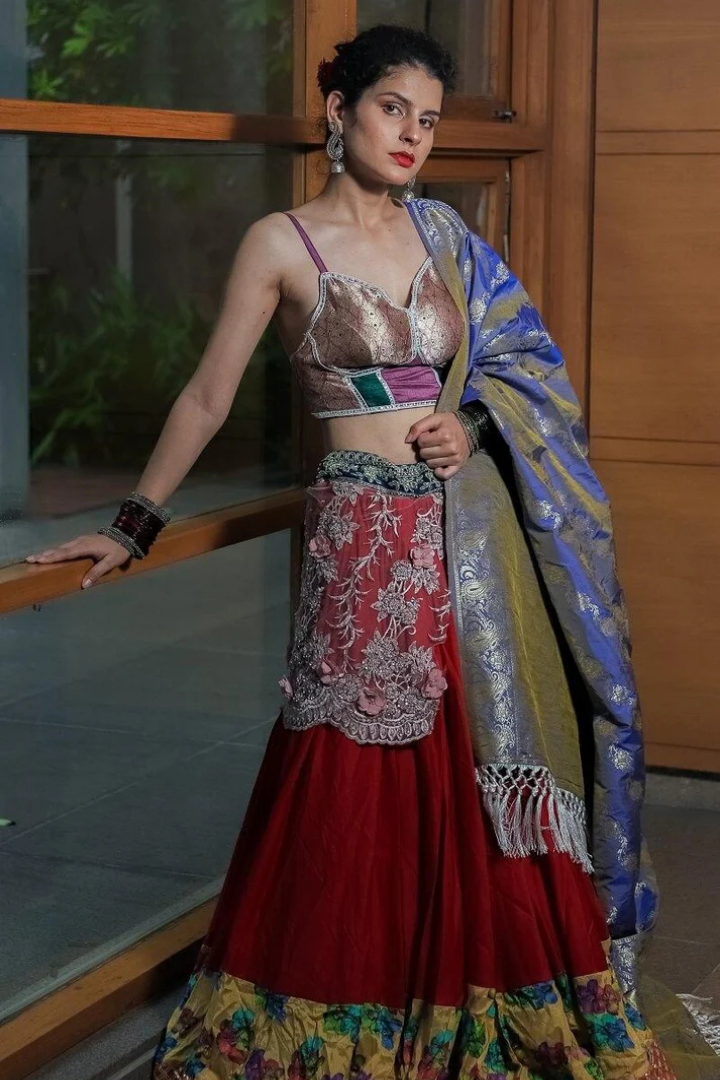 Red Lehenga With Pink blouse & Purple Silk Dupatta